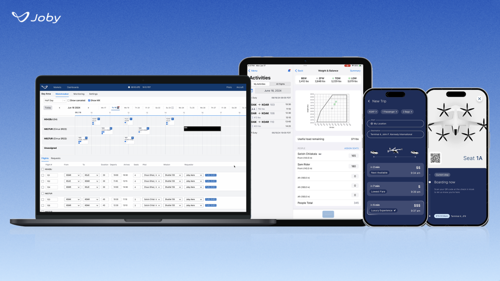 A picture of Joby's ElevateOS platform on a laptop, tablet, and smartphone