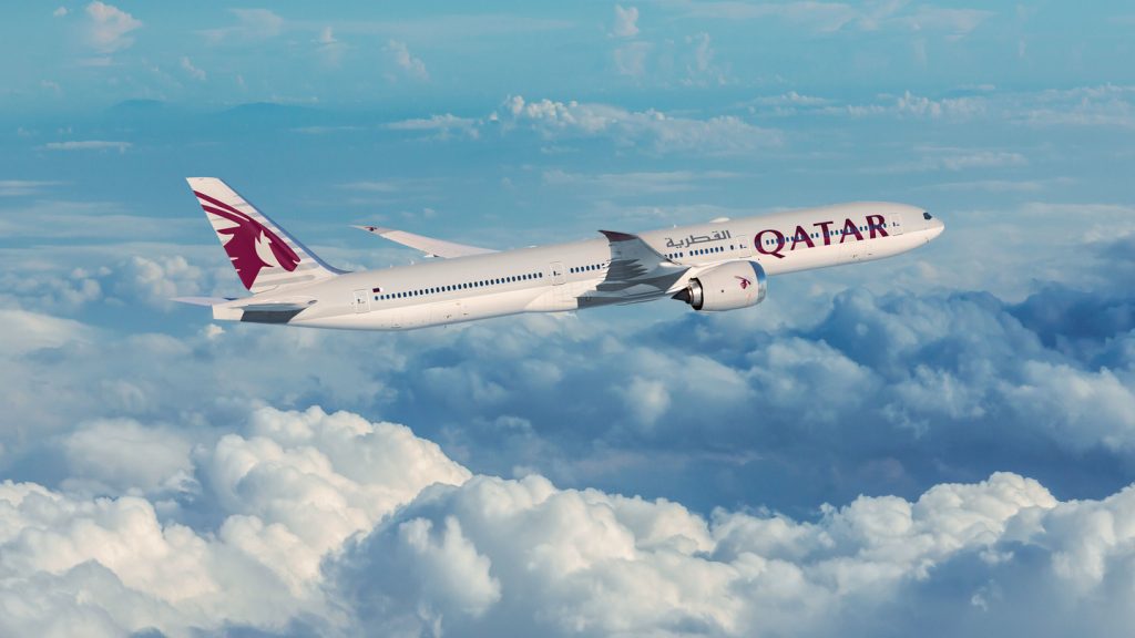 A digital rendering of a Qatar Airways aircraft in the air