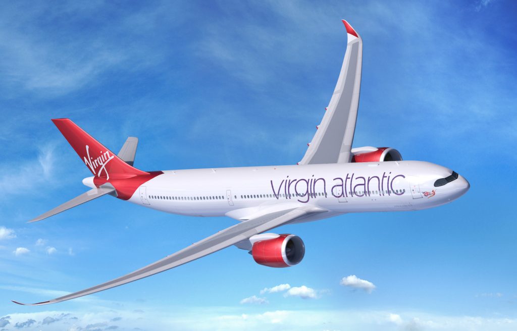 A digital rendering of a Virgin Atlantic A330neo flying in the air